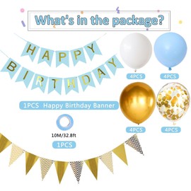 Happy Birthday bunting Banner balloons, Macaron blue Birthday Decoration 16pcs Happy Birthday Balloons, Ribbons and Birthday Banners, Happy Birthday Decorations（blue+SJQ）