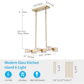 XINGQI Gold Linear Chandelier Sputnik 6-Light Rectangular Kitchen Island Light Fixture Metal Industrial Farmhouse Pendant for Dining Room, Living Room, Bedroom