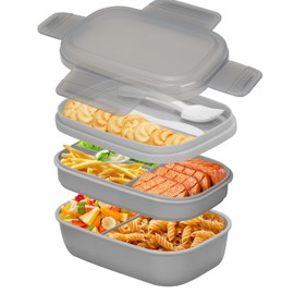 Cozary Adult Lunch Box, 1900 ml Bento Box with Compartments and Cutlery, BPA-Free, Leak-Proof, 3-Layer Lunch Box, Food Box for Office, School, Grey