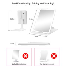 Gospire - Espejo de maquillaje recargable de viaje con luces y aumento 10X, soporte plegable y luz con sensor de ángulo, 3 modos de iluminación y atenuación continua, espejo iluminado LED de cambiador - Blanco