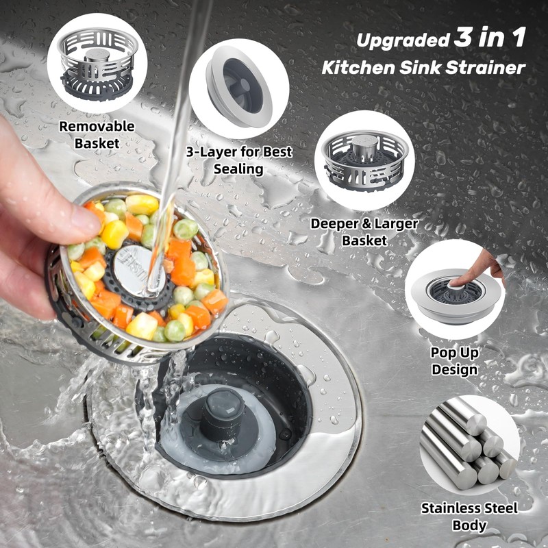 Hibbent Upgraded 3 in 1 Kitchen Sink Drain Strainer, Stainless