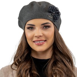 Vivisence Elegant Ladies Beret with Floral Decoration Made from Warm and Soft Woolen Fabric Ideal for Cold Winter Days Perfect for Everyday Wear Or Outdoor Activities, Dark Grey,UNI