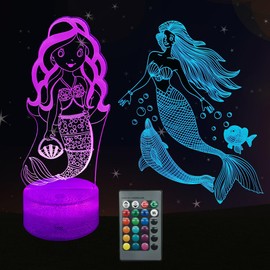 Kenmaca Mermaid Night Light for Girls Bedroom, 3D Illusion LED Lamp, 2 Patterns 16 Colors Changing Dimmable Room Décor Bedside, Touch & Remote Control, Birthday Toy Gift Idea Toddler Kid Teen