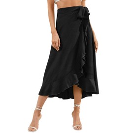 Ezcosplay Women Ruffle Wrap Skirt Tie Waist Boho High Low Asymmetrical Midi Beach Skirt Black