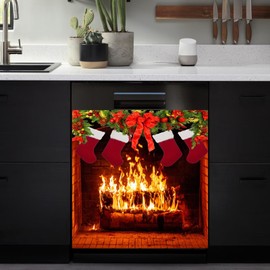 Winter Fireplace Xmas Stockings Pine Tree Kitchen Decor Dishwasher Magnet Cover,23Wx26H Inches Magnetic Sticker Refrigerator Magnetic Door Cover Vinyl Decal,Home Appliance Magnet Decal Sheet