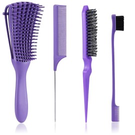 Detangling Brush with Hair Styling Comb Set, Hair Brushes for Women Men Kids Curly Hair, Hair Brush Set include Detangler Brush Teasing Hair Brush Rat Tail Comb Edge Brush (Purple)