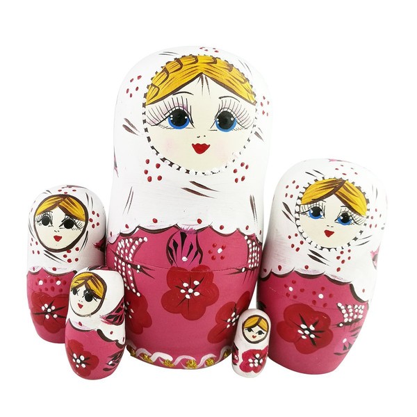 Set of 5 Rustic Style Red Flower Pink Matryoshka Dolls Russian Nesting Dolls Wooden Stacking Toy Handmade Gift Wooden Folk Dolls Kids Gift Funny Gifts Kids Room Decor