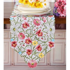 Spring Flower Table Runner Embroidered Flowery Table Placemats Floral Cutwork Table Doily Home Kitchen Dining Spring/Summer Tabletop Decoration (Runner 13"×36", Floral Pansy Pink)