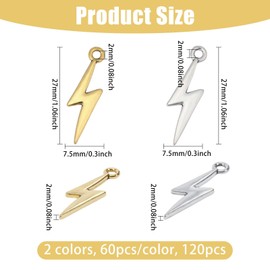 CHGCRAFT Pack of 120 2 Colours Flash Shape Charms Lightning Bolt Pendant Tibetan Style Alloy Pendant for Necklace Earring Bracelet Haircraft Jewellery Making, Silver and Gold, Alloy Steel