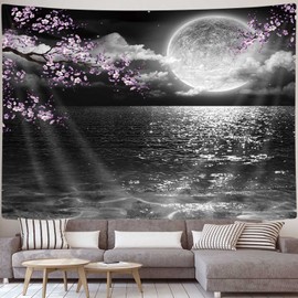 JAWO Moon Ocean Tapestry, Cool Asian Anime Tapestry Wall Hanging, Japanese Art Cherry Blossom Decorations Nature Tapestry for Bedroom Living Room College Dorm Decor 80X60 Inches