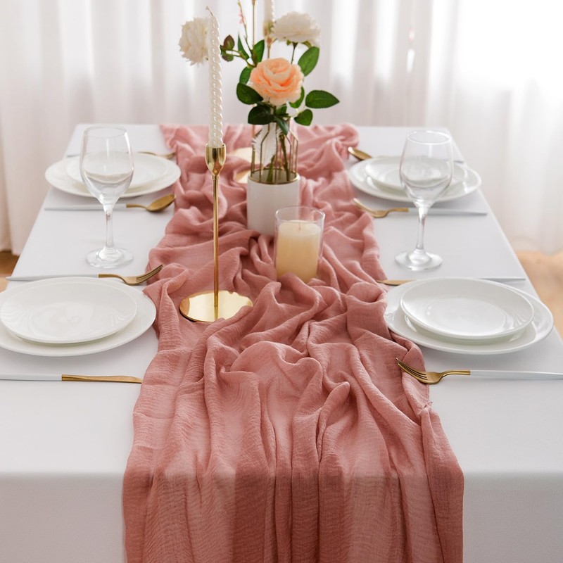 AOKSUNOVA Dusty Rose Cheesecloth Table Runner Boho Table Runner Pink