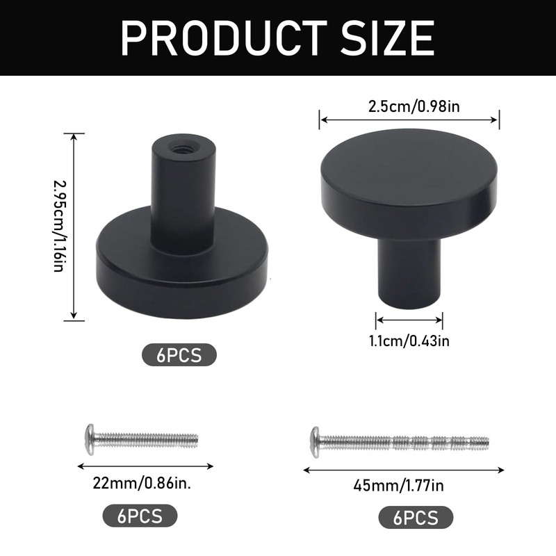 Wekuw 6 Pieces Cabinet Knobs (Black) Furniture Knobs Black Handles