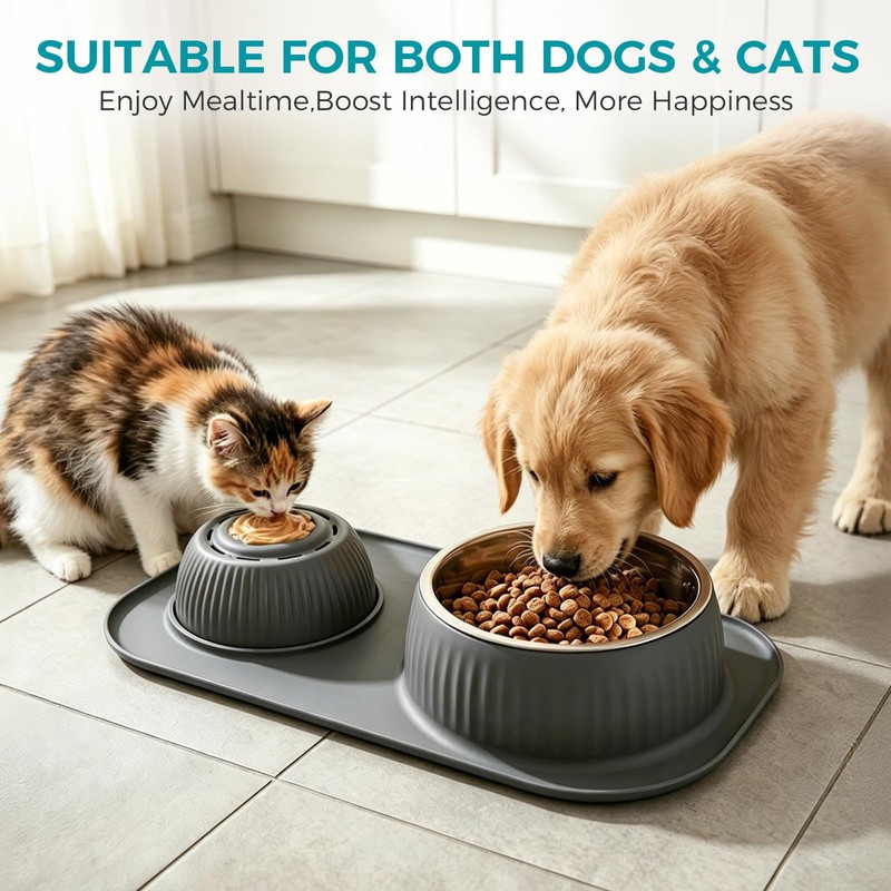 Dog Licking Bowl with Rolling Ball,Food and Water Bowl Set