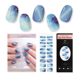 EBANKU Semi Cured Gel Nail Strips, 20PCS Blue Cat Eye Glitter UV Gel Nail Stickers Wraps for Summer DIY Salon-Quality Nail Strips with File, Stick- UV Light Required