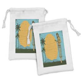 Ambesonne Hula Girl Fabric Pouch Set of 2, Woman Playing Ukulele by the Sun Musical Island Vacation Spots, Small Drawstring Bag for Toiletries Masks and Favors, 9" x 6", Mustard Olive Green