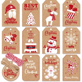 Christmas Gift Tags with String, 144 PCS Gift Tags for Christmas Presents, Kraft Christmas Tags for Gifts