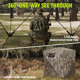 Rhino Valley Hunting Blind 360° See Through, 2-3 Person Pop Up Ground Blinds with Carrying Bag, Portable Resilient Hunting Tent with Silent Magnetic Door & Sliding Windows for Deer Turkey Hunting