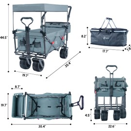 Heavy Duty Folding Wagon Cart, Collapsible, Removable Canopy, All Terrain Wheels, Brake, Adjustable Handles, Waterproof Cooler Bag(Gray)