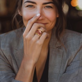 Ross-Simons Italian Red and Pink Enamel Heart Ring in 18kt Gold Over Sterling. Size 9