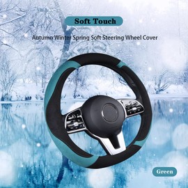 WJMZ Soft Suede D Shape Steering Wheel Cover, Warm Steering Wheel Cover Fashion Universal 15 inch, Green and Black