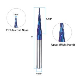 sourcing map Tapered Ball Nose End Mill CNC Router Bit, 0.5mm Radius 1/4" Shank Solid Carbide Coated Upcut Spiral 2 Flutes Cutter Milling Tool, 1mm Dia 3" Total Length