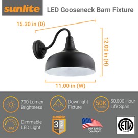 Sunlite 81315-SU LED Gooseneck Rustic Barn Light Fixture, 30 Watts, 120 Volts, Dimmable, 700 Lumen, 50,000 Hour Life Span, Outdoor or Indoor, Matte Black Finish, ETL Listed, 30K - Warm White