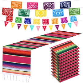 10 Packs 14 x 84 Inch Mexican Serape Table Runners, 29 Pcs Papel Picado Banner, Fiesta Hanging Banner and Pennant Flag Banner Colorful Bunting Banner for Mexican Theme Party (Rose Red)