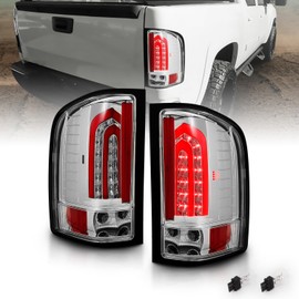 AmeriLite for 2007-2013 Chevy Silverado | GMC Sierra Heavy Duty Chrome Red LED Tube Taillights Back Light Assembly Set - Passenger and Driver Side