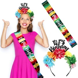 Hoteam 2 Pcs It's My Birthday Headband and Sash Mexican Flower Birthday Crowns Cinco de Mayo Satin Sash Fiesta Birthday Tiara Crown for Women