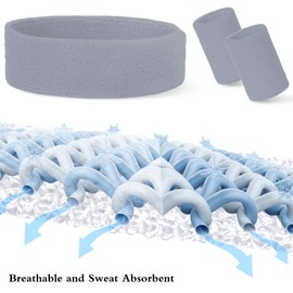 24 Pcs Grey Sweatbands Set Include 8 Pcs Sports Headband and 16 Pcs Cotton Wristbands 80s Neon Sweat Bands Bulk for Gym, Tennis, Basketball, Running, Exercise