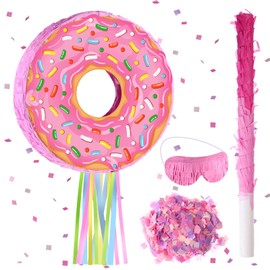 Pink Donut Pinata with String, Bat and Blindfold Multicolor Colorful Pinata for Baby Reveal Girls Baby Shower Donut Grow up Theme Donut Party Birthday Anniversary Party, 12.6 x 12.6 x 3.15 Inch