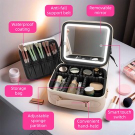 MissMeeca Travel Makeup Bag with LED Mirror – 3 Adjustable Light Modes, Waterproof & Rotatable Design, Portable Cosmetic Organizer (Beige)