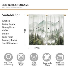 CINEKER Mountain Forest Kitchen Curtains Misty Foggy Sage Green Tree Bathroom Curtains Window Treatment Drapes Tier Landscape Cafe Small Bedroom Short French Door Curtains 2 Panels 27.5x39 Inch