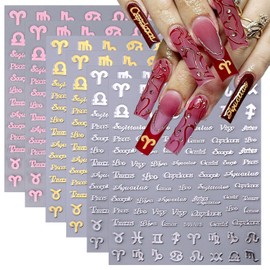 6 Sheets Zodiac Nail Stickers 3D Self-Adhesive English Letters Nail Art Stickers for Nail Art Pink Gold Silver Design Zodiac Nail Decals Pegatinas Uñas Letter Stickers for Women Girls Acrylic Nails