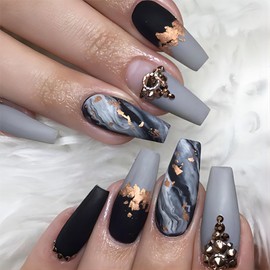 RTKHFZE Long Press on Nails - French Tip Square Fake Nails Gold Glitter Glue on Nails with Swirl Designs Acrylic False Nails Pink Full Cover Stick on Nails for Women Manicure 24Pcs