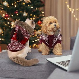 EMUST Dog Christmas Sweaters for Small Dogs, Cat Christmas Sweater with Hoodie Leash Hole, Reindeer Snowflake Sweaters for Dogs and Cats(XS, Red)