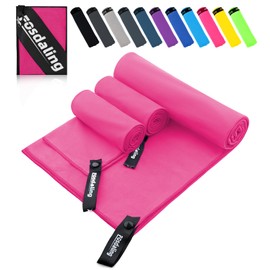 Fosdaling Microfibre Towel Set of 3 (Large 160 x 80 cm and 2 Small 80 x 40 cm), Quick-Drying Microfibre Fitness & Sports Towels, for Beach Towel, Bath Towel, Sports Towel and Travel Towel (Pink)