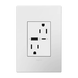 Legrand adorne Dual-USB, 15A, Ultra-Fast Charge, 6 Amp, Type A/C, USB, Hybrid Outlet (with Wall Plate, White), ARTRUSB156ACW4WP