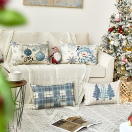 AVOIN colorlife Winter Snowman Joy Snowflake Christmas Throw Pillow Covers, 12 x 20 Inch Xmas Tree Winter Holiday Buffalo Plaid Cushion Case Decoration for Sofa Couch Set of 4
