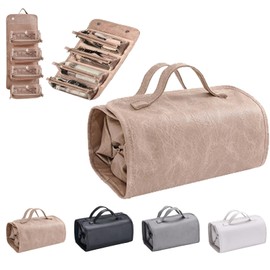 Flat Lay Travel Makeup Bag Leather Clear with Compartments, Toiletry Bags for Women, 4 in 1 Waterproof Bags Detachable Foldable Hanging, Portable Storage Organise Roll Up Makeup Organiser Bags （Khaki）