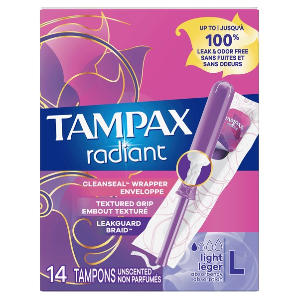Tampax, Radiant Tampons, Plastic Applicator, Light Absorbency, 14 Count