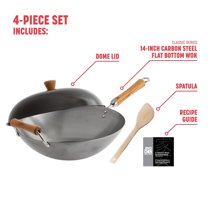 JOYCE CHEN Classic Series 14-Inch Uncoated Carbon Steel Wok Set
