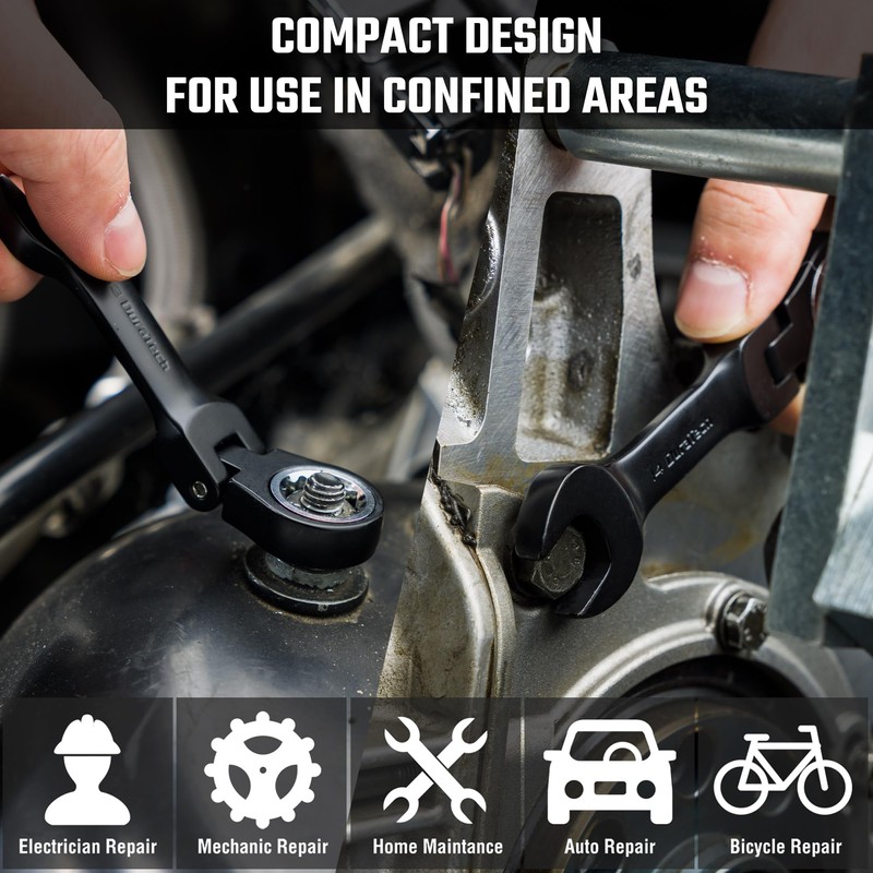 DURATECH Stubby Flex-head Ratcheting Combination Wrench Set, 8-piece, Metric, 9