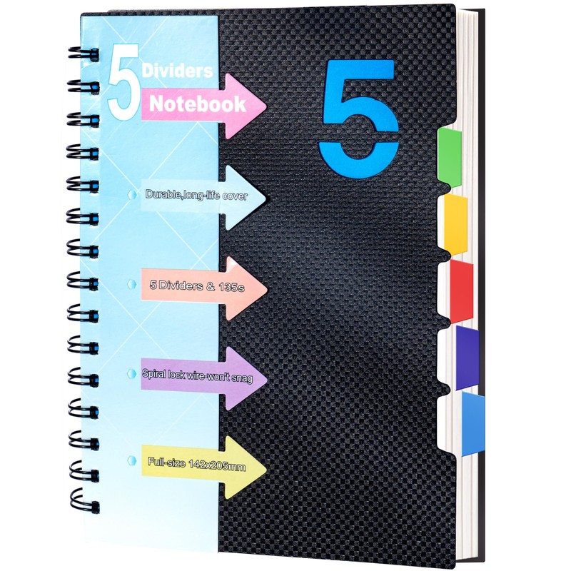 CAGIE 5 Subject Notebook with Dividers 220 Pages Spiral Notebooks