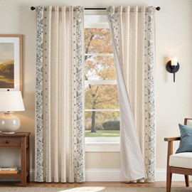 Jinchan Winslow - Cortinas de lino con forro para recámara, 84 pulgadas, mezcla de lino bordado, cortinas florales para sala de estar, decoración de granja, tratamientos de ventanas, cortinas azul