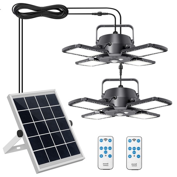 Aqonsie Solar Pendant Lights Outdoor Indoor, 1000LM Dual Head, 120° Adjustable Solar Motion Sensor Light with Remote & 4 Lighting Modes for Shed Gazebo Home Barn Chicken Coop Patio
