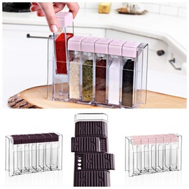 Spice Shaker Jars Seasoning Box-Plastic Spice Dispenser-Seasoning Condiment Storage Container with Tray for Salt Sugar - Barbecue Spice Box Spice Racks -Transparent Seasoning Box- Set of 6 (White)