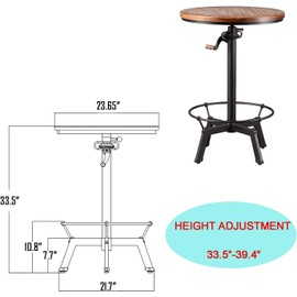 Diwhy Pub Set Industrial Style Adjustable Height 33.5-39.4in Dining Table Dia 23.6" Wooden Top with Handle Bar Table