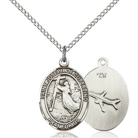 Bonyak Jewelry Saint Medal Collection Sterling Silver St. Joseph of Cupertino Pendant 3/4 x 1/2 inches with Sterling Silver Lite Curb Chain