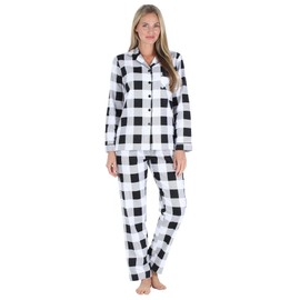 PajamaMania Women's Cotton Flannel Long Sleeve Button-Down Pajamas PJ Set, Black White Plaid, Medium